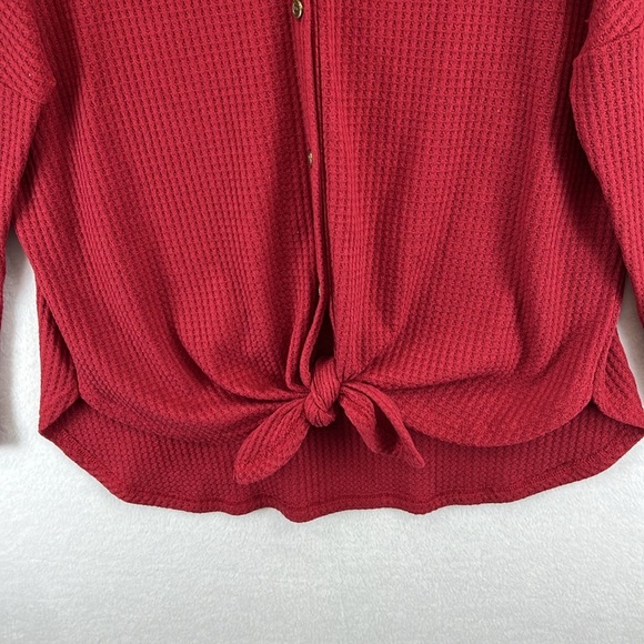 IWOLLENCE Women’s Waffle Knit Top Loose Long Sleeve Button Up Tie Top, Brick Red - Picture 3 of 12